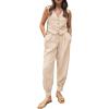 imagePRETTYGARDEN Womens Two Piece Outfits Summer V Neck Button Front Cropped Tank Tops Vest Pockets Pants Cotton Matching SetsBeige