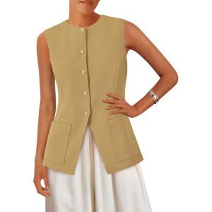 imagePRETTYGARDEN Blazer Vest Tops for Women Sleeveless Button Down Business Casual Outfits Work Suit Vests WaistcoatKhaki