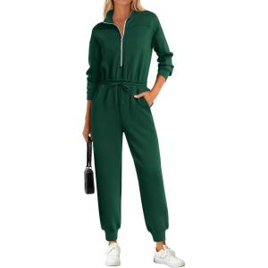 imagePRETTYGARDEN Long Sleeve Jumpsuits for Women Casual 2025 Fall Fashion Zip Up Pant Rompers One Piece Sweatsuits Travel OutfitsGreen
