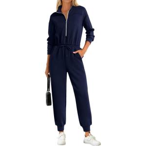 imagePRETTYGARDEN Long Sleeve Jumpsuits for Women Casual 2025 Fall Fashion Zip Up Pant Rompers One Piece Sweatsuits Travel OutfitsNavy Blue