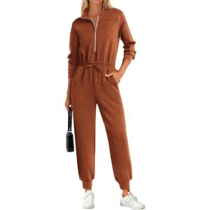 imagePRETTYGARDEN Long Sleeve Jumpsuits for Women Casual 2025 Fall Fashion Zip Up Pant Rompers One Piece Sweatsuits Travel OutfitsRed Brown