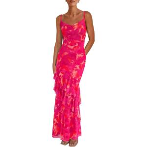 imagePRETTYGARDEN Maxi Dresses for Women 2025 Summer Tiered Floral Beach Sundress Spaghetti Strap Wedding Guest Long DressFloral Rose Red