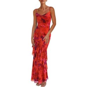 imagePRETTYGARDEN Maxi Dresses for Women 2025 Summer Tiered Floral Beach Sundress Spaghetti Strap Wedding Guest Long DressFloral Rust Red