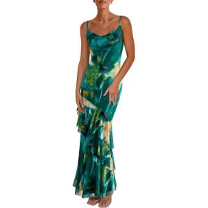 imagePRETTYGARDEN Maxi Dresses for Women 2025 Summer Tiered Floral Beach Sundress Spaghetti Strap Wedding Guest Long DressPrint Green