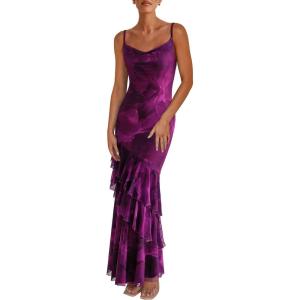 imagePRETTYGARDEN Maxi Dresses for Women 2025 Summer Tiered Floral Beach Sundress Spaghetti Strap Wedding Guest Long DressPrint Purple