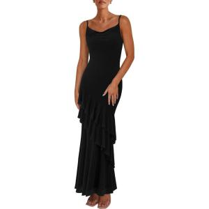 imagePRETTYGARDEN Maxi Dresses for Women 2025 Summer Tiered Floral Beach Sundress Spaghetti Strap Wedding Guest Long DressSolid Black