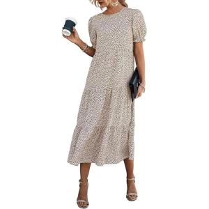imagePRETTYGARDEN Summer Dresses for Women 2025 Casual Floral Boho Midi Sun Dress Puff Short Sleeve Flowy Beach Vacation SundressAPRICOT