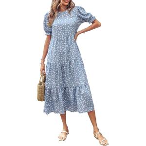 imagePRETTYGARDEN Summer Dresses for Women 2025 Casual Floral Boho Midi Sun Dress Puff Short Sleeve Flowy Beach Vacation SundressBlue