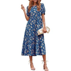 imagePRETTYGARDEN Summer Dresses for Women 2025 Casual Floral Boho Midi Sun Dress Puff Short Sleeve Flowy Beach Vacation SundressBlue Apricot