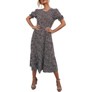 imagePRETTYGARDEN Summer Dresses for Women 2025 Casual Floral Boho Midi Sun Dress Puff Short Sleeve Flowy Beach Vacation SundressCoffee