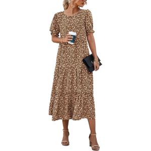 imagePRETTYGARDEN Summer Dresses for Women 2025 Casual Floral Boho Midi Sun Dress Puff Short Sleeve Flowy Beach Vacation SundressCoffee Apricot Leopard