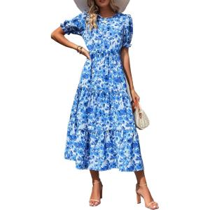 imagePRETTYGARDEN Summer Dresses for Women 2025 Casual Floral Boho Midi Sun Dress Puff Short Sleeve Flowy Beach Vacation SundressFloral Blue