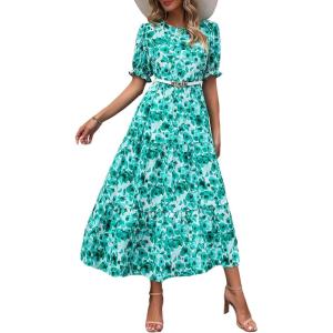 imagePRETTYGARDEN Summer Dresses for Women 2025 Casual Floral Boho Midi Sun Dress Puff Short Sleeve Flowy Beach Vacation SundressFloral Green