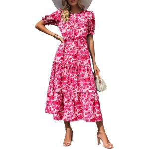 imagePRETTYGARDEN Summer Dresses for Women 2025 Casual Floral Boho Midi Sun Dress Puff Short Sleeve Flowy Beach Vacation SundressFloral Rose Red
