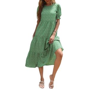 imagePRETTYGARDEN Summer Dresses for Women 2025 Casual Floral Boho Midi Sun Dress Puff Short Sleeve Flowy Beach Vacation SundressGreen