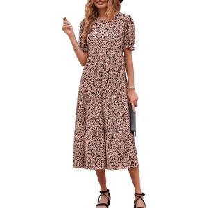 imagePRETTYGARDEN Summer Dresses for Women 2025 Casual Floral Boho Midi Sun Dress Puff Short Sleeve Flowy Beach Vacation SundressKhaki Black Leopard