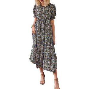imagePRETTYGARDEN Summer Dresses for Women 2025 Casual Floral Boho Midi Sun Dress Puff Short Sleeve Flowy Beach Vacation SundressNavy Floral