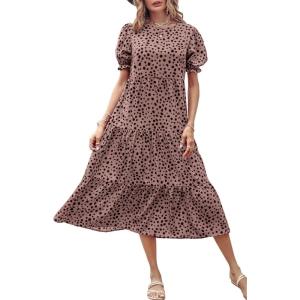imagePRETTYGARDEN Summer Dresses for Women 2025 Casual Floral Boho Midi Sun Dress Puff Short Sleeve Flowy Beach Vacation SundressPink