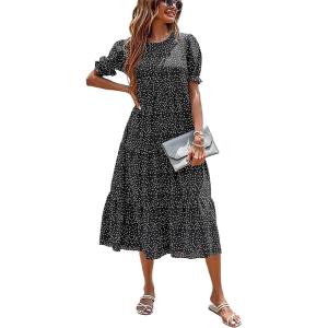 imagePRETTYGARDEN Summer Dresses for Women 2025 Casual Floral Boho Midi Sun Dress Puff Short Sleeve Flowy Beach Vacation SundressPolk Black