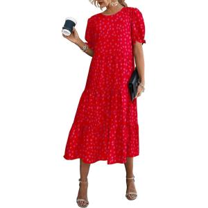 imagePRETTYGARDEN Summer Dresses for Women 2025 Casual Floral Boho Midi Sun Dress Puff Short Sleeve Flowy Beach Vacation SundressPrint Red
