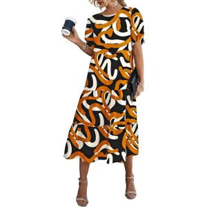 imagePRETTYGARDEN Summer Dresses for Women 2025 Casual Floral Boho Midi Sun Dress Puff Short Sleeve Flowy Beach Vacation SundressPrint Yellow White