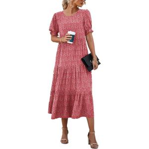 imagePRETTYGARDEN Summer Dresses for Women 2025 Casual Floral Boho Midi Sun Dress Puff Short Sleeve Flowy Beach Vacation SundressRed