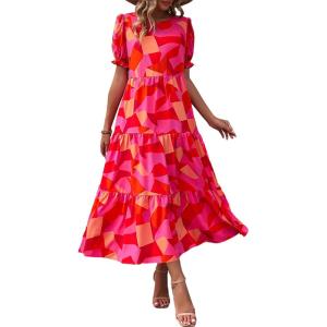imagePRETTYGARDEN Summer Dresses for Women 2025 Casual Floral Boho Midi Sun Dress Puff Short Sleeve Flowy Beach Vacation SundressRed Block
