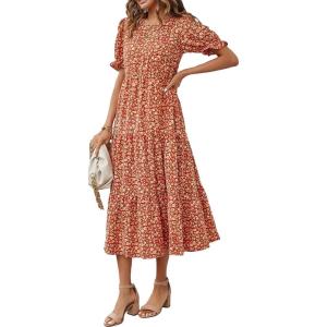 imagePRETTYGARDEN Summer Dresses for Women 2025 Casual Floral Boho Midi Sun Dress Puff Short Sleeve Flowy Beach Vacation SundressRed Orange Floral