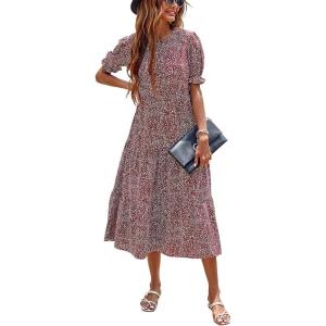 imagePRETTYGARDEN Summer Dresses for Women 2025 Casual Floral Boho Midi Sun Dress Puff Short Sleeve Flowy Beach Vacation SundressRed White