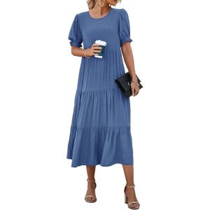 imagePRETTYGARDEN Summer Dresses for Women 2025 Casual Floral Boho Midi Sun Dress Puff Short Sleeve Flowy Beach Vacation SundressSolid Blue