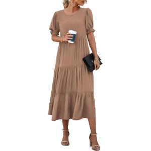 imagePRETTYGARDEN Summer Dresses for Women 2025 Casual Floral Boho Midi Sun Dress Puff Short Sleeve Flowy Beach Vacation SundressSolid Dark Khaki