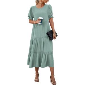 imagePRETTYGARDEN Summer Dresses for Women 2025 Casual Floral Boho Midi Sun Dress Puff Short Sleeve Flowy Beach Vacation SundressSolid Green
