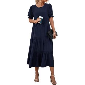 imagePRETTYGARDEN Summer Dresses for Women 2025 Casual Floral Boho Midi Sun Dress Puff Short Sleeve Flowy Beach Vacation SundressSolid Navy