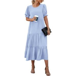 imagePRETTYGARDEN Summer Dresses for Women 2025 Casual Floral Boho Midi Sun Dress Puff Short Sleeve Flowy Beach Vacation SundressSolid Sky Blue