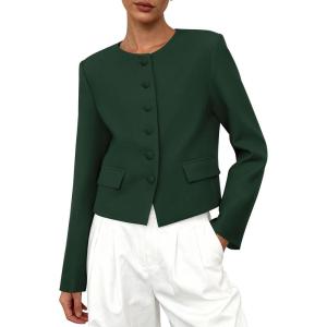 imagePRETTYGARDEN Women Blazers Business Casual Outfits 2025 Fall Fashion Long Sleeve Professional Office Work Suit Jacket ClothesDark Green