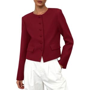 imagePRETTYGARDEN Women Blazers Business Casual Outfits 2025 Fall Fashion Long Sleeve Professional Office Work Suit Jacket ClothesWine Red