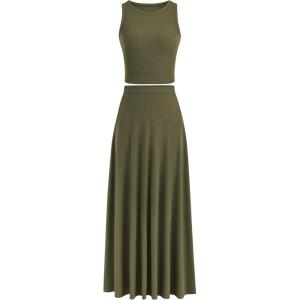 imagePRETTYGARDEN Womens 2 Piece Maxi Skirt Sets Casual Summer Knit Cropped Tank Top High Waisted Long Skirts OutfitArmy Green
