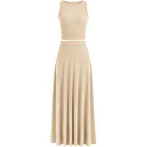 imagePRETTYGARDEN Womens 2 Piece Maxi Skirt Sets Casual Summer Knit Cropped Tank Top High Waisted Long Skirts OutfitBeige