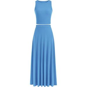 imagePRETTYGARDEN Womens 2 Piece Maxi Skirt Sets Casual Summer Knit Cropped Tank Top High Waisted Long Skirts OutfitBlue
