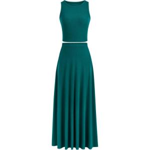 imagePRETTYGARDEN Womens 2 Piece Maxi Skirt Sets Casual Summer Knit Cropped Tank Top High Waisted Long Skirts OutfitBlue Green