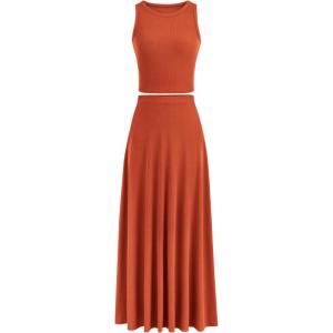 imagePRETTYGARDEN Womens 2 Piece Maxi Skirt Sets Casual Summer Knit Cropped Tank Top High Waisted Long Skirts OutfitBrick Red