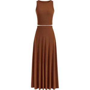 imagePRETTYGARDEN Womens 2 Piece Maxi Skirt Sets Casual Summer Knit Cropped Tank Top High Waisted Long Skirts OutfitBrown