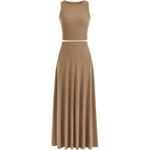 imagePRETTYGARDEN Womens 2 Piece Maxi Skirt Sets Casual Summer Knit Cropped Tank Top High Waisted Long Skirts OutfitCamel