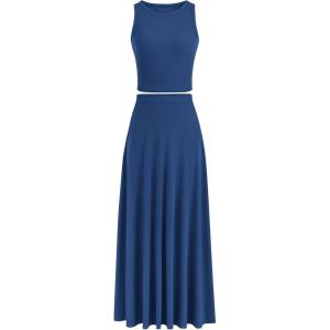 imagePRETTYGARDEN Womens 2 Piece Maxi Skirt Sets Casual Summer Knit Cropped Tank Top High Waisted Long Skirts OutfitDark Blue
