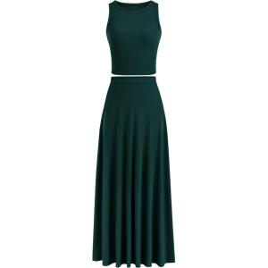 imagePRETTYGARDEN Womens 2 Piece Maxi Skirt Sets Casual Summer Knit Cropped Tank Top High Waisted Long Skirts OutfitDark Green