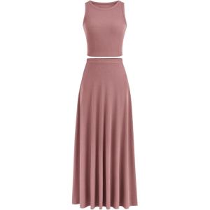 imagePRETTYGARDEN Womens 2 Piece Maxi Skirt Sets Casual Summer Knit Cropped Tank Top High Waisted Long Skirts OutfitDusty Pink
