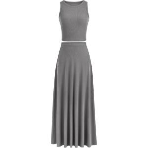 imagePRETTYGARDEN Womens 2 Piece Maxi Skirt Sets Casual Summer Knit Cropped Tank Top High Waisted Long Skirts OutfitGrey