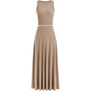 imagePRETTYGARDEN Womens 2 Piece Maxi Skirt Sets Casual Summer Knit Cropped Tank Top High Waisted Long Skirts OutfitKhaki