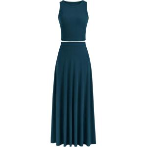 imagePRETTYGARDEN Womens 2 Piece Maxi Skirt Sets Casual Summer Knit Cropped Tank Top High Waisted Long Skirts OutfitLake Blue
