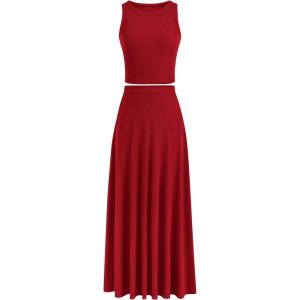 imagePRETTYGARDEN Womens 2 Piece Maxi Skirt Sets Casual Summer Knit Cropped Tank Top High Waisted Long Skirts OutfitRed
